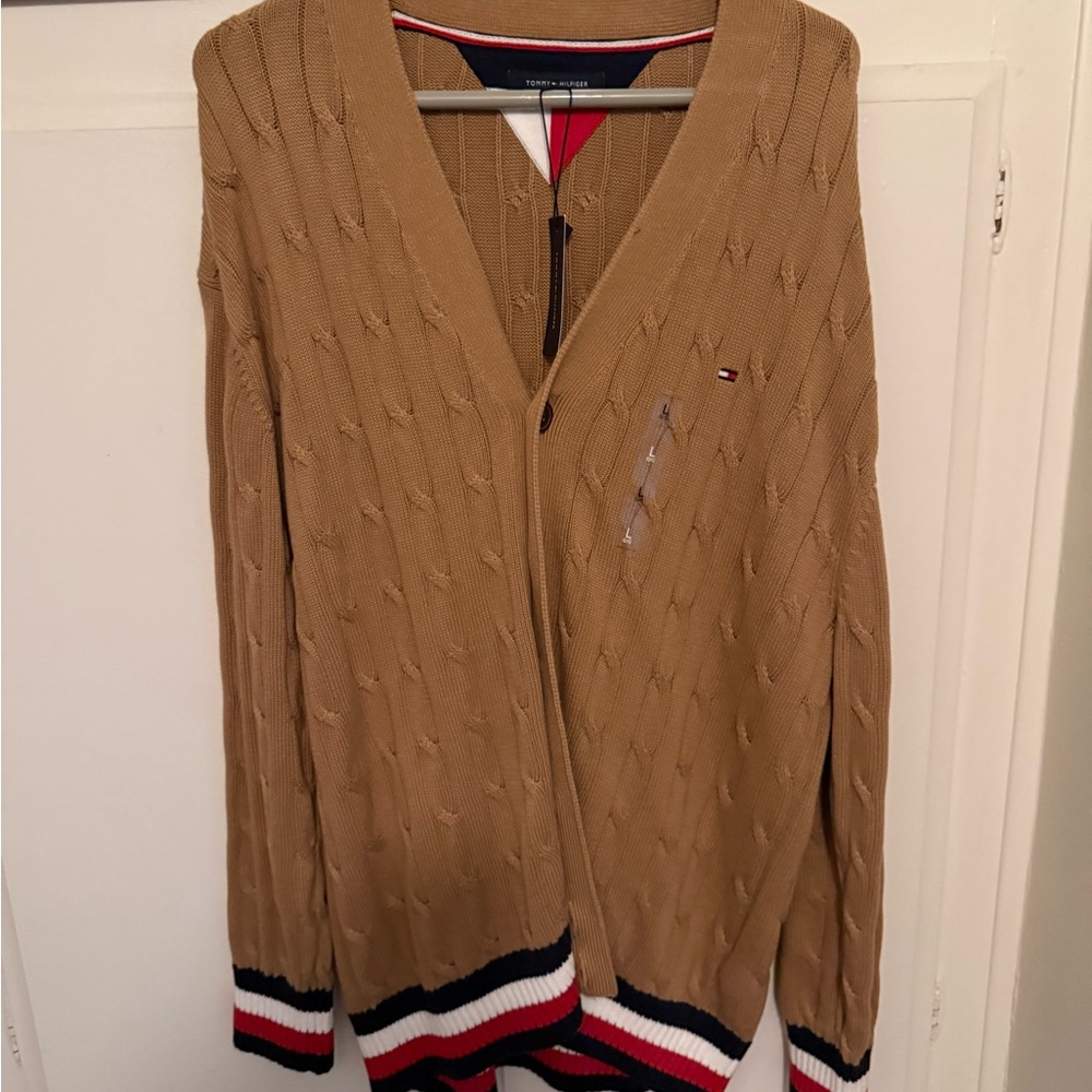 Tommy Hilfiger Tan Cardigan with Striped Hem